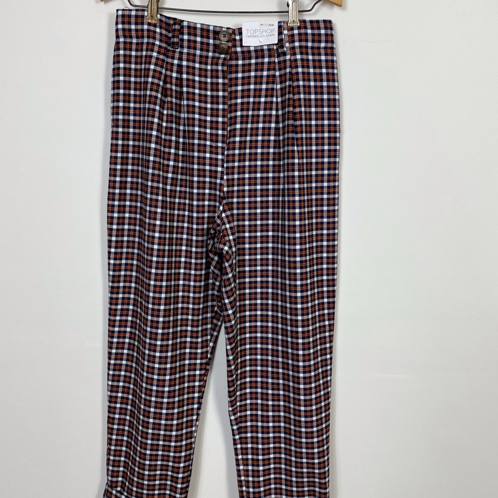 Topshop Pleated Plaid ‘Black/Orange’ Cuffed Dress Trousers Woman’s Size 12 - Picture 1 of 5
